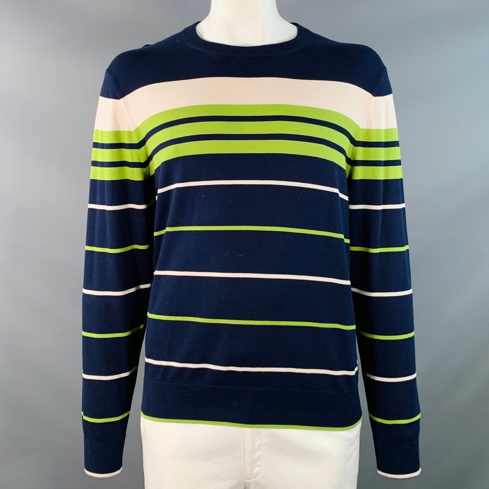 Mr Turk XL Navy Green White Stripe Cotton Modal Crew Neck Pullover Size US XL / EU 56 / 4 - 1 Thumbnail