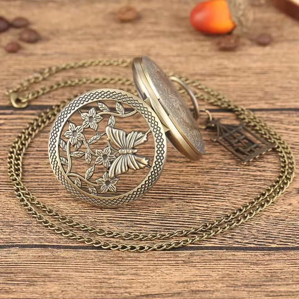 Jewelry Bronze Butterfly & Birdcage Pocket Watch Necklace Size ONE SIZE - 4 Thumbnail