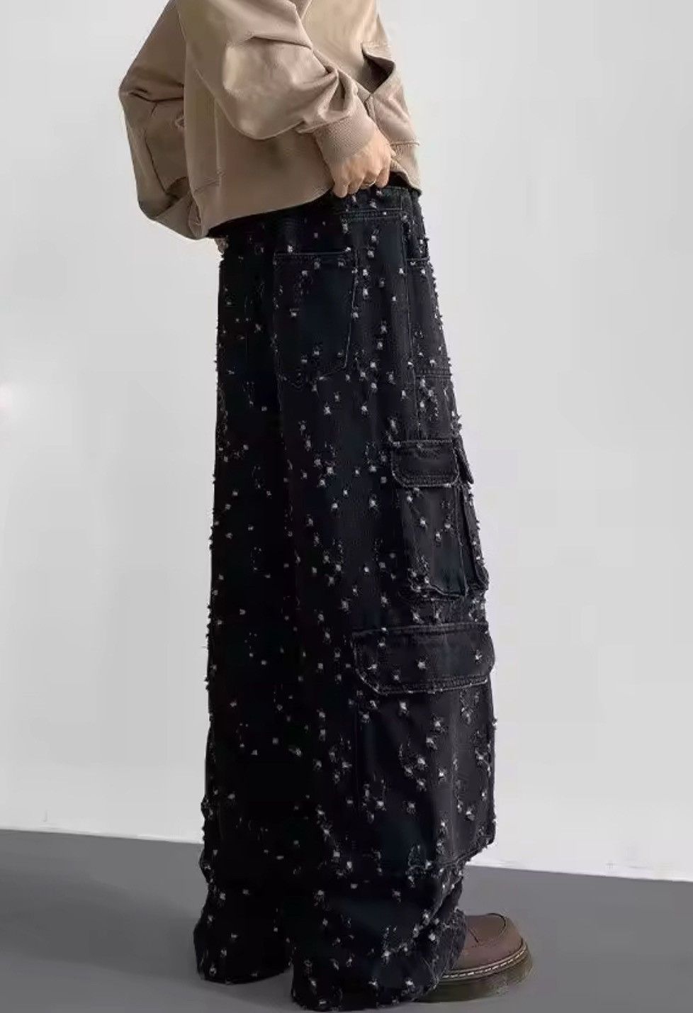 Japanese Brand Distressed Dot Denim Cargo Pants – Relaxed Fit, Vintage-Insp Size US 28 / EU 44 - 2 Thumbnail