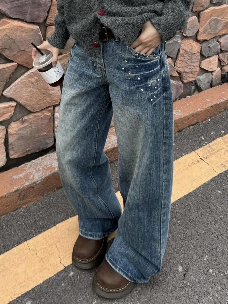 Japanese Brand American retro studded low-rise wide-leg jeans for men Size US 32 / EU 48 - 2 Thumbnail