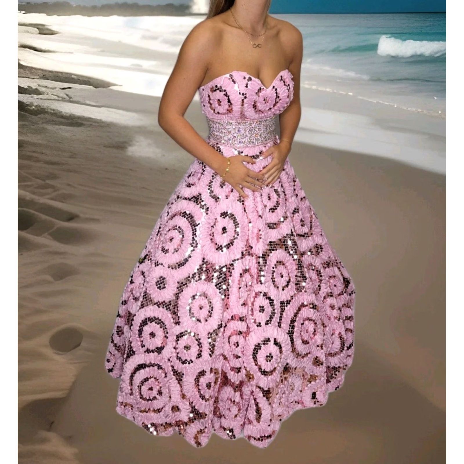 Vintage WOW PROM & PAGEANT Embellished Strapless Gown - Pink, 6, Adult Women, Long Formal Dress, Ball Gown, Quinceanera, Prom, Wedding, Beaded, Sequins Size M / US 6-8 / IT 42-44 - 2 Thumbnail