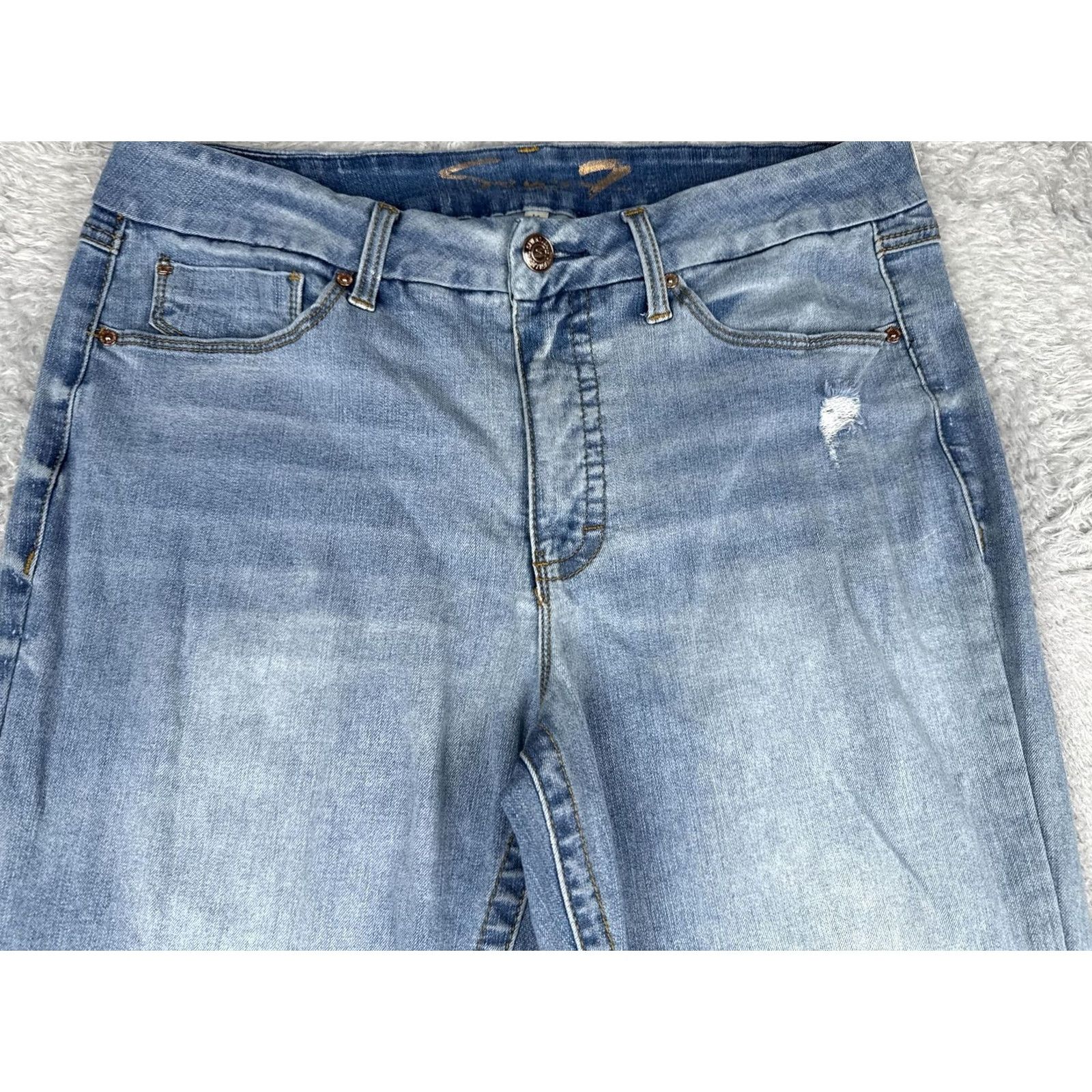 Vintage Seven7 Jeans Womens 14 Tummyless High Rise Slim Bootcut Blue Light Wash 34x31 Pocket Distressed Denim Regular Rise Front Zip Leather Patch Boyfriend** Size 36" / US 14 / IT 50 - 4 Thumbnail