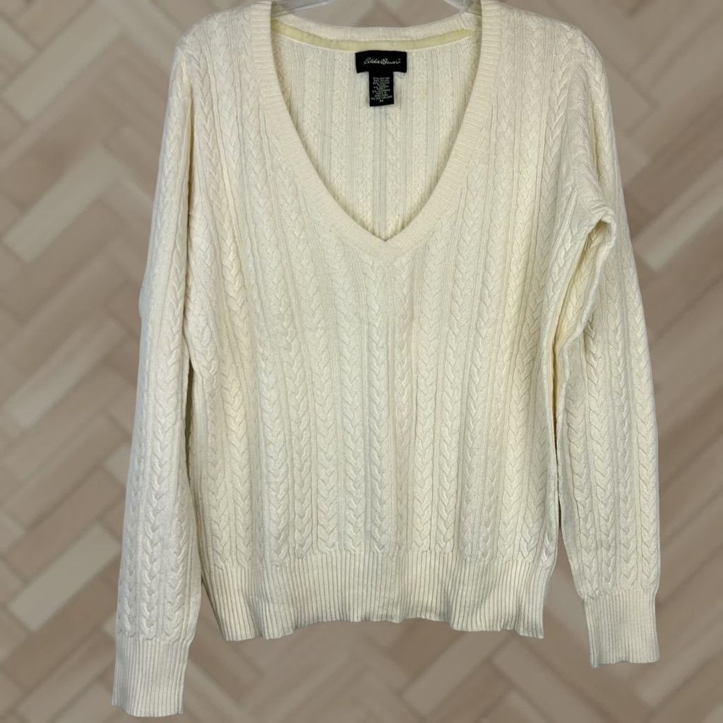 Eddie Bauer Eddie Bauer Sweater Womens M Ivory Cable Knit Ruffle Neckline V-Neck Long Sleeve Pullover Casual Knit Classic Fit Size M / US 6-8 / IT 42-44 - 1 Thumbnail