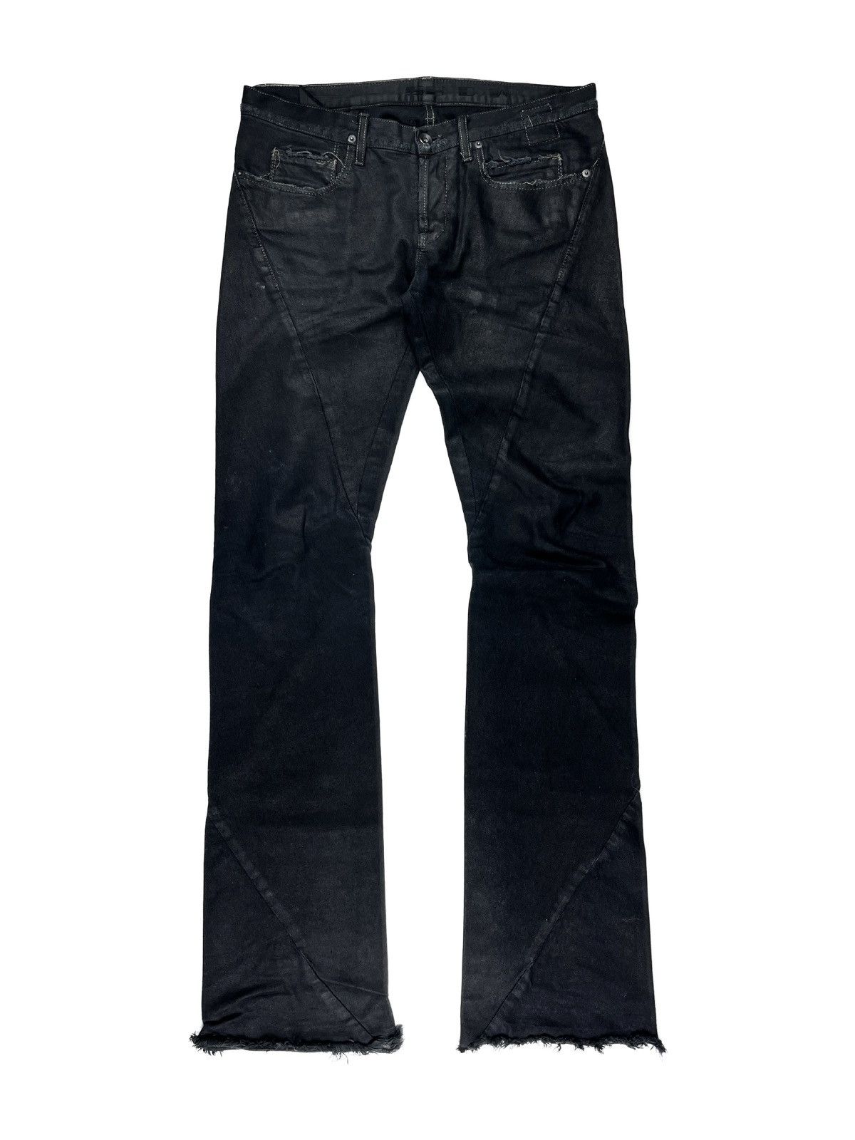 image of Rick Owens Spiral Cut Wax Coated Flared Bootcut Denim Jeans in Black, Men's (Size 32)
