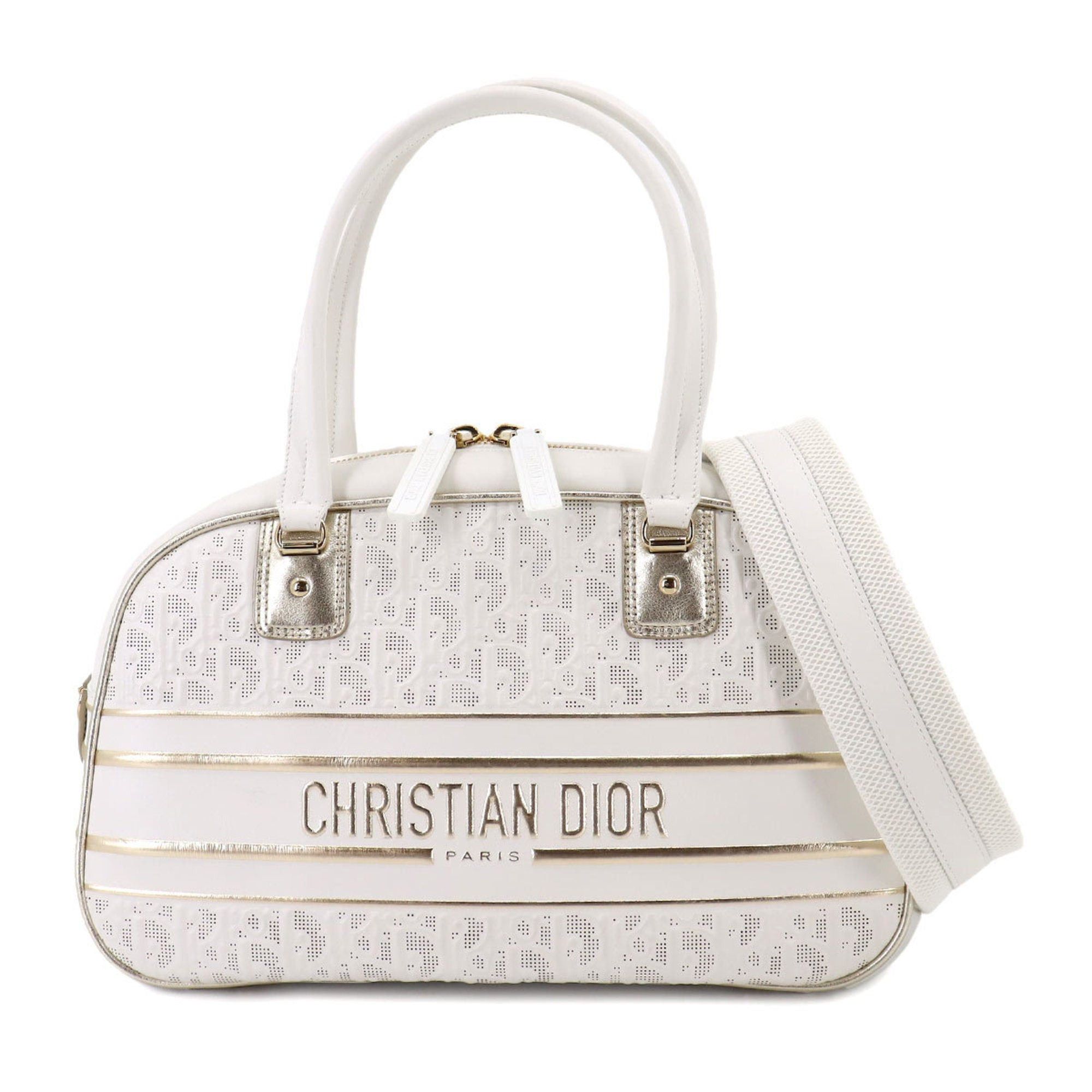 image of Christian Dior Dior Vibe Medium Classic 2Way Bowling Shoulder Bag Leather Rubber White Gold M6204Od