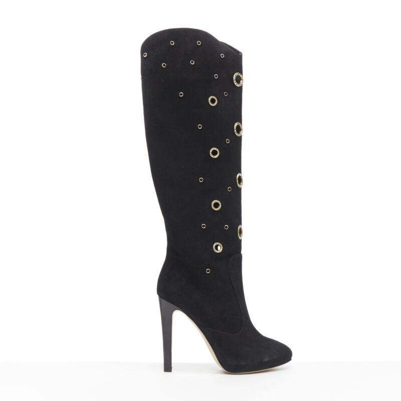 Giuseppe Zanotti new GIUSEPPE ZANOTTI black suede gold crystal eyelet high heel tall boots EU37 Size US 7 / IT 37 - 1 Thumbnail