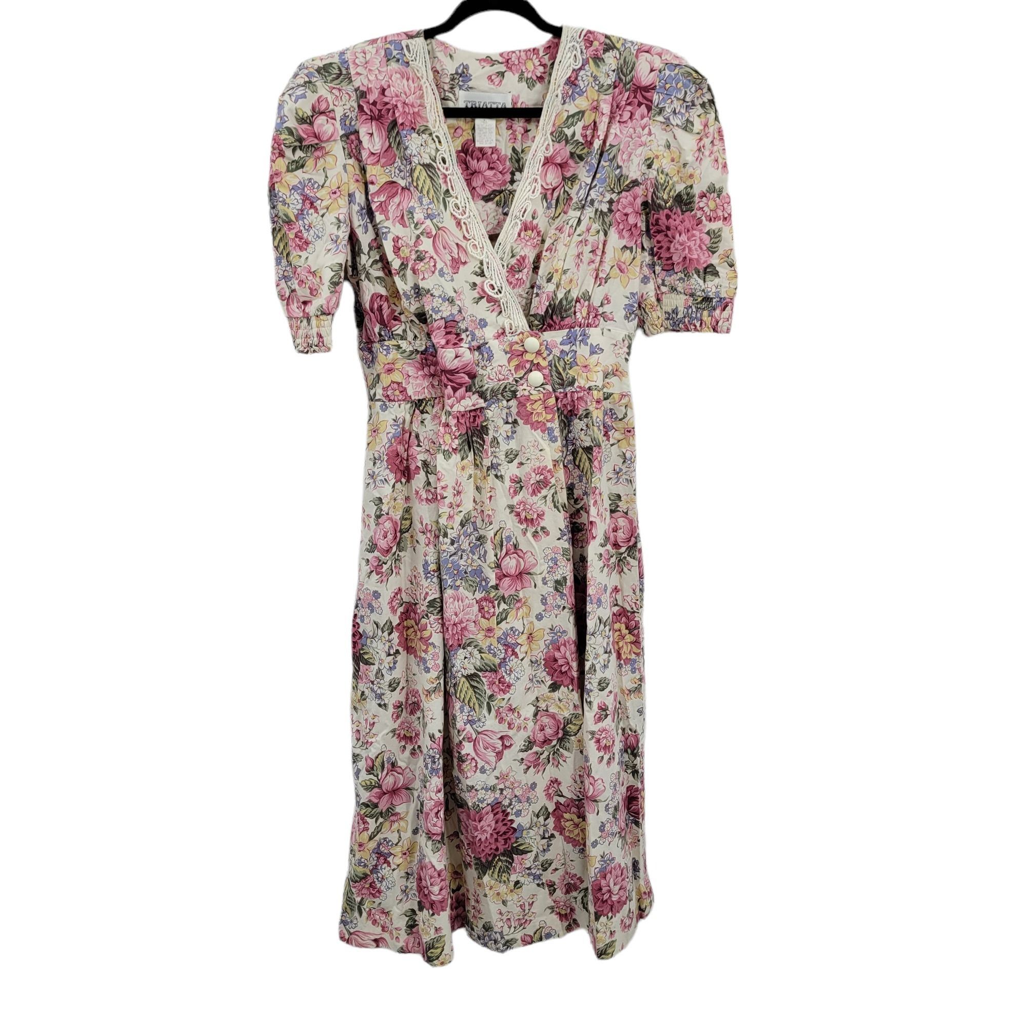 Vintage Vtg 80's Womens Dress L Cottage Core Mock Wrap Puff Sleeve F Size L / US 10 / IT 46 - 1 Thumbnail