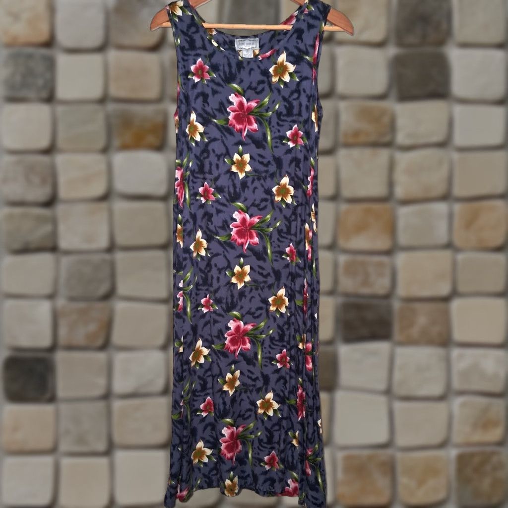 Vintage VINTAGE Jane Ashley Dress Sundress PM Blue Floral 90s Tropical Hibiscus Plumeria Rayon Long Women Ladies Size M / US 6-8 / IT 42-44 - 1 Thumbnail