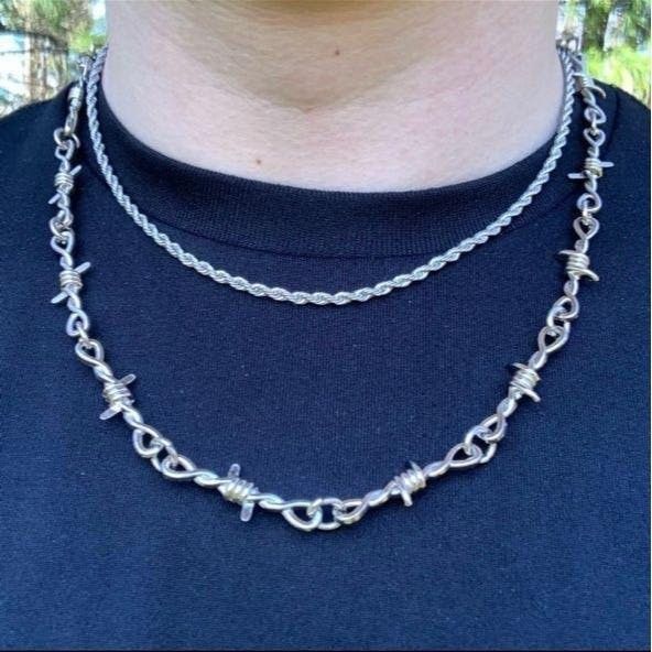 Cuban Link Chain Rope Chain + Barbed Wire Chain Set Silver Grailed