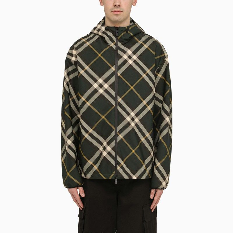 image of Burberry Check Pattern Hooded Jacket in Green, Men's (Size Small)