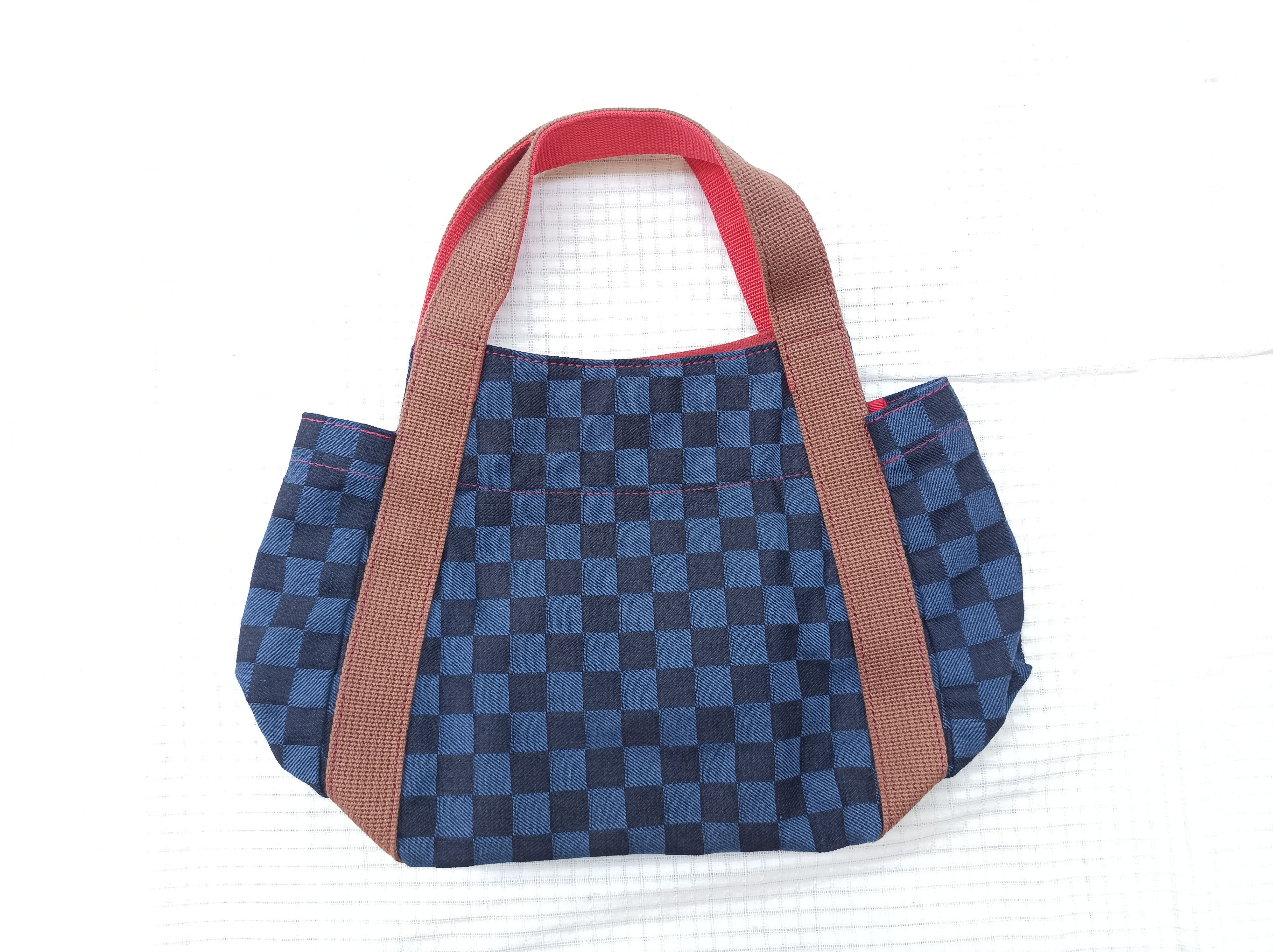 Japanese Brand (B56) Kurashiki Ogino Hanpu Navy Blue Check Cotton Hand Bag Size ONE SIZE - 4 Thumbnail
