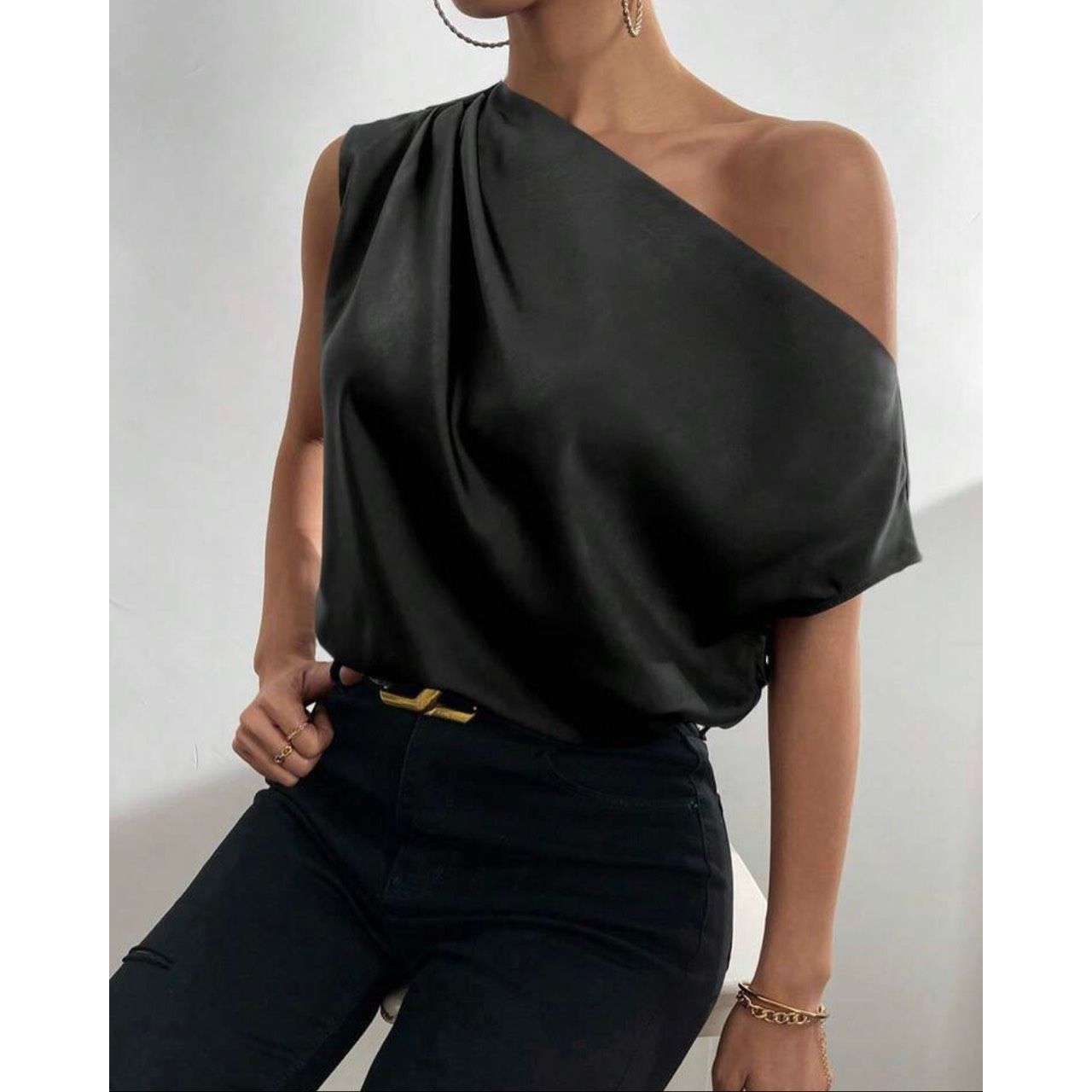 Shein SHEIN satin Solid Asymmetrical Neck Batwing Sleeve Satin Blo Size L / US 10 / IT 46 - 7 Thumbnail
