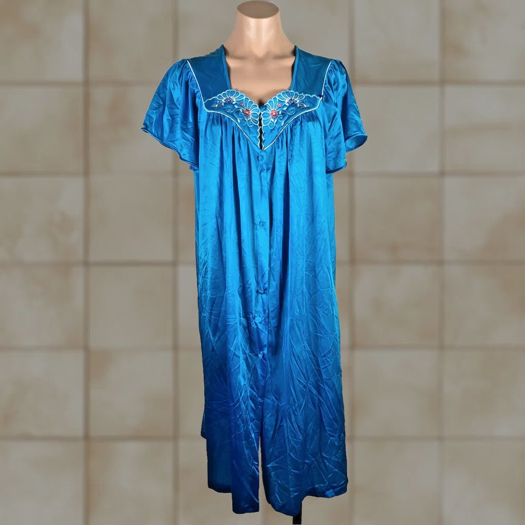 Vintage Vintage Vanity Fair nightgown Shirt Womens L Blue Nylon Shiny Embroidered USA Made Semi Sheer Peignoir Nightgown Size ONE SIZE - 1 Thumbnail