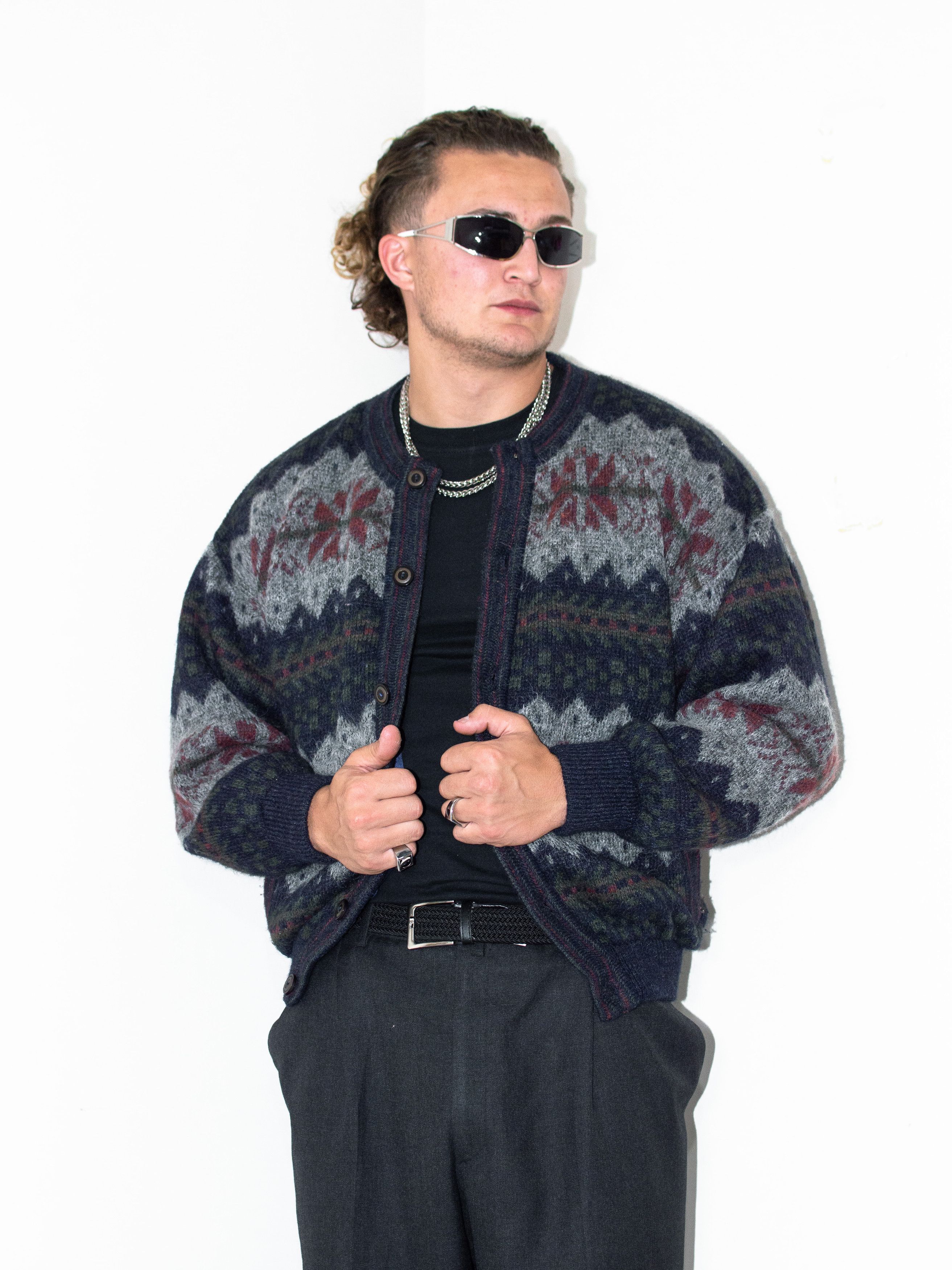 Designer 90s Vintage Lined Geometric Pattern V- neck Cardigan Size US L / EU 52-54 / 3 - 1 Thumbnail