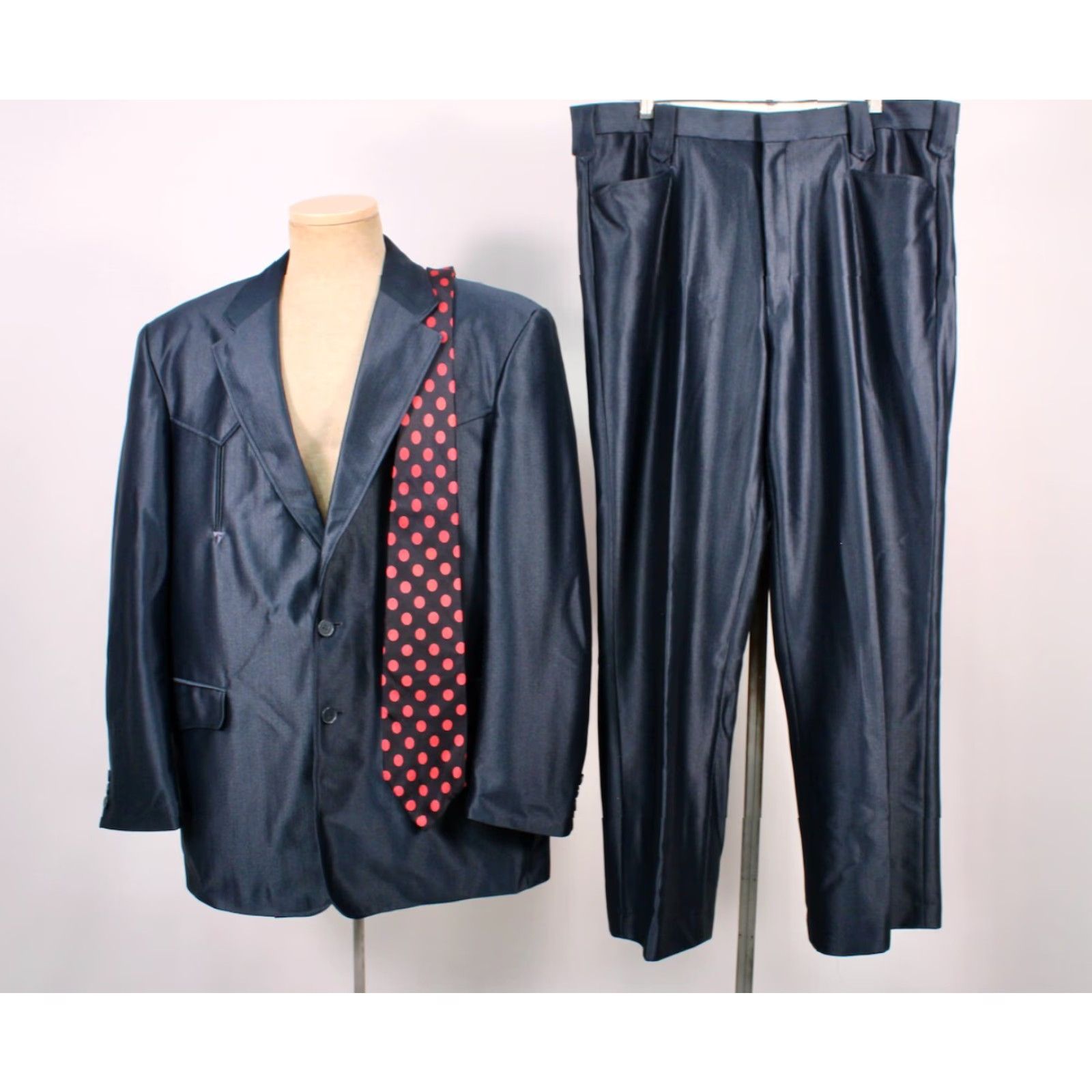 Vintage MENS VTG 2 PC Dark Blue Polyester Western Leisure Suit W Tie Sz 46 1970s Style Size 46R - 2 Thumbnail
