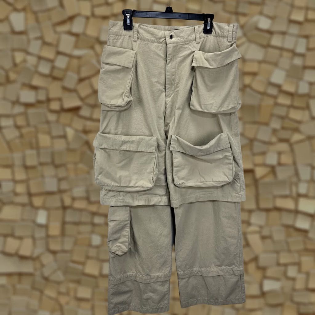 Vintage Spencer Badu Men's Khaki Cargo Chino Wide Pants L Beige Canvas 34 Pockets Relaxed Bootcut 36in Inseam Vintage No Size US 33 - 1 Thumbnail