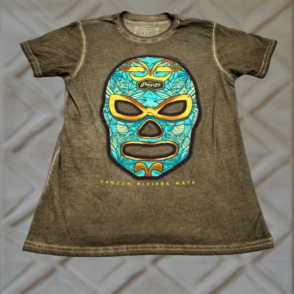 Vintage Pier 27 Cancun Riviera Maya Luchador Mask T-Shirt Mens Large Brown Mexican Tee Shirt Mens L Brown Pier 27 Mexican Streetwear Festival 90s Style Mens Size US L / EU 52-54 / 3 - 1 Thumbnail