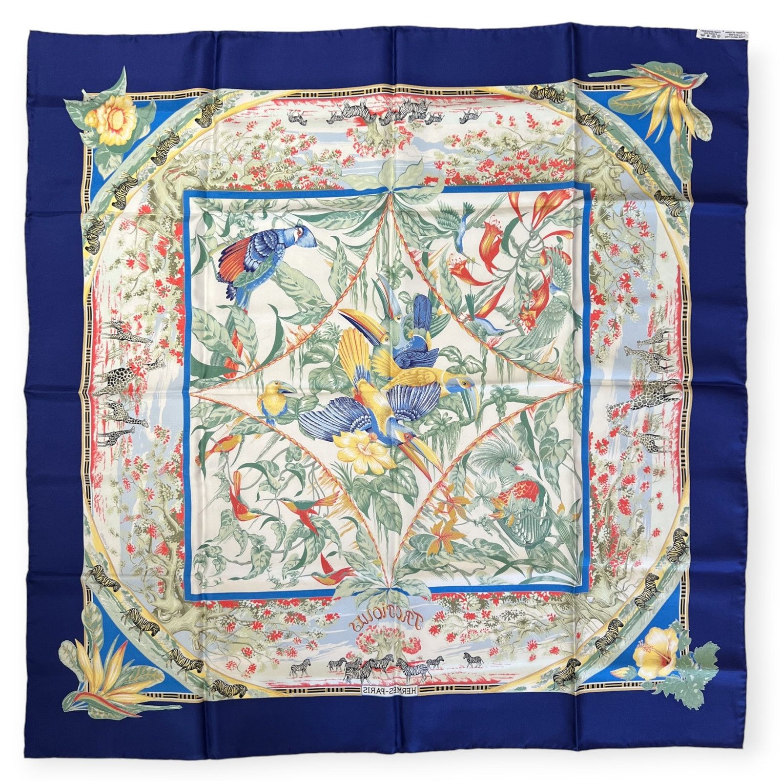 Hermes Hermes Tropiques 90 Silk Scarf Blue Tropical Bird Size ONE SIZE - 2 Thumbnail