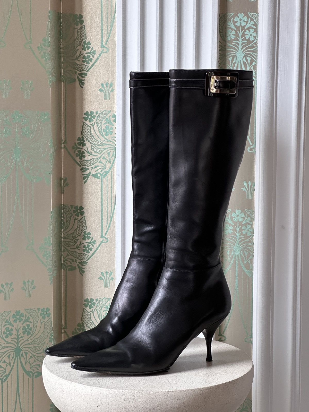 PRADA Knee High Buckle Logo Lady Boots Black Size 40,5