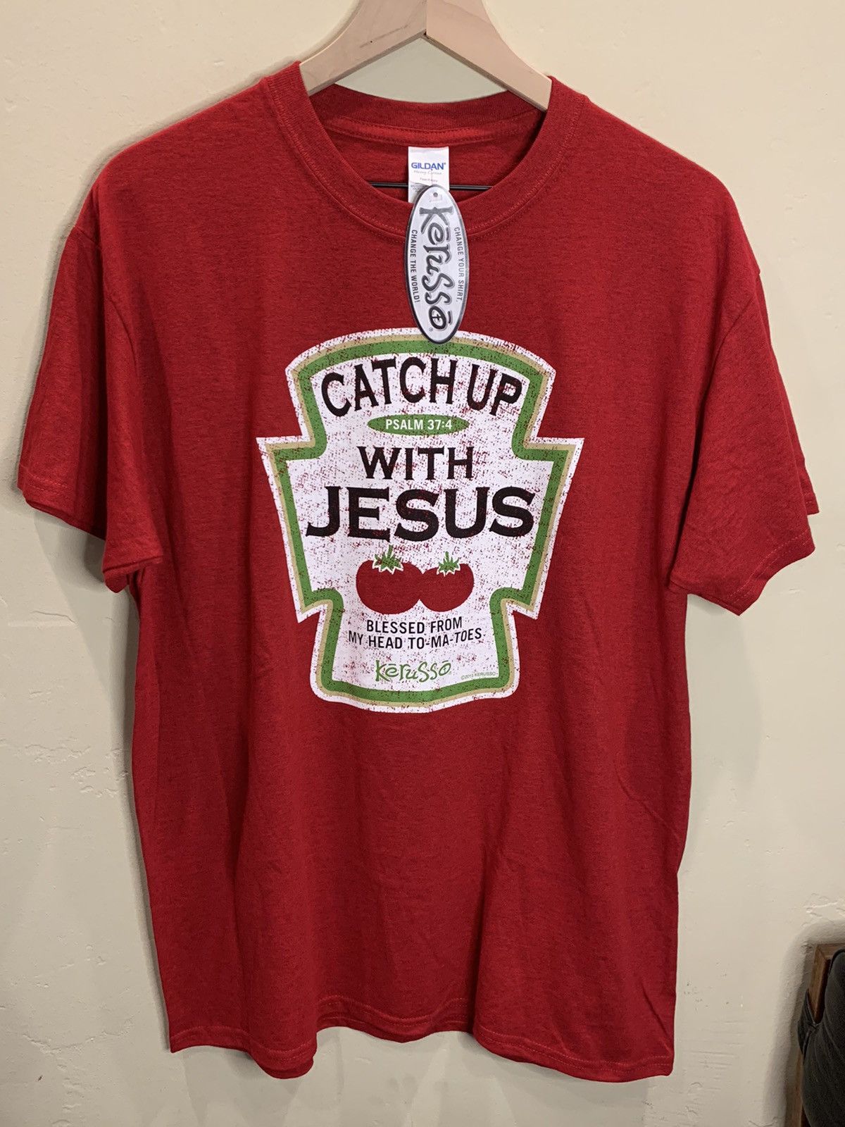 image of Art Kerusso Catch Up With Jesus Ketchup Heinz Parody Shirt in Red, Men's (Size Large)