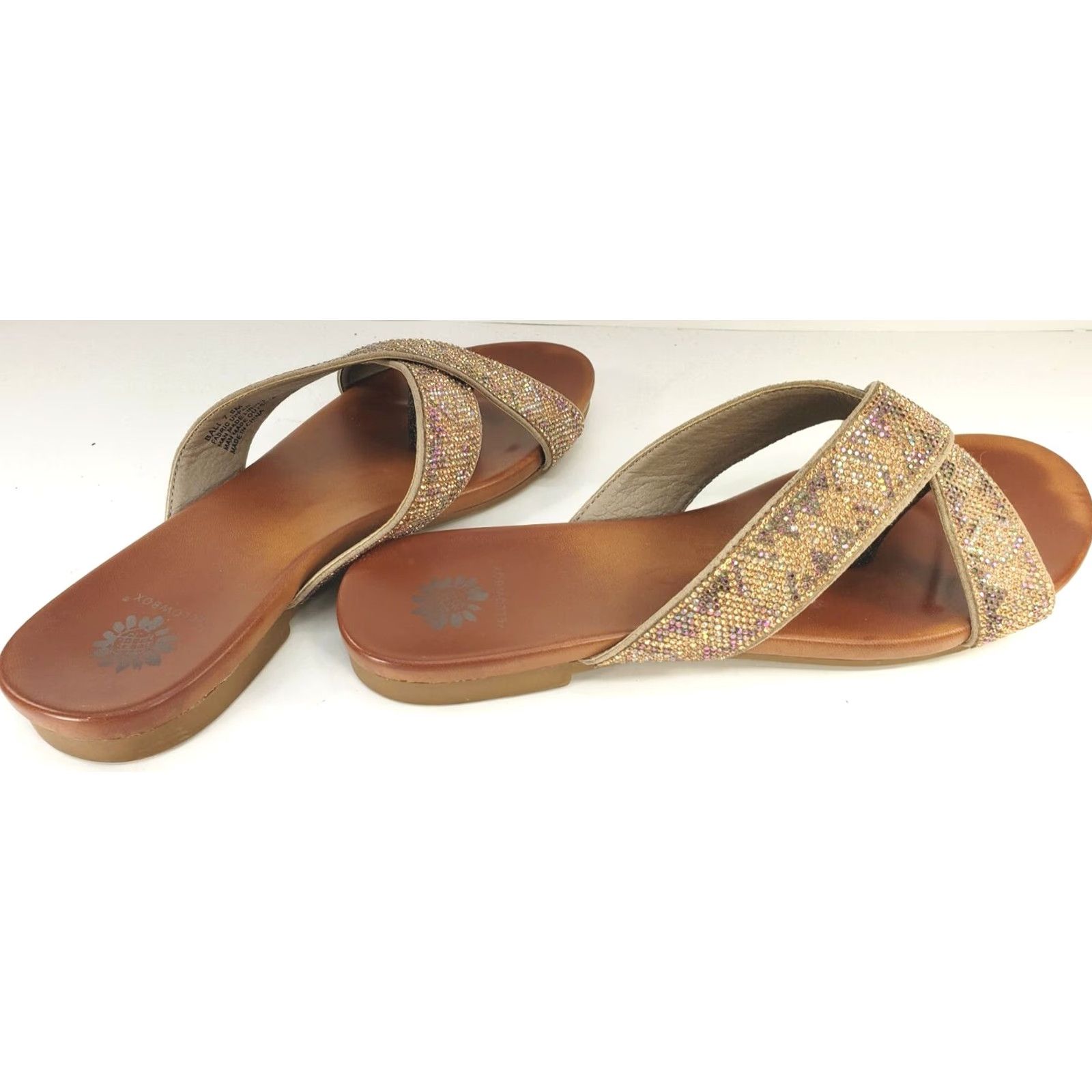 Vintage Yellow Box Bali Womens Slides 7.5 Gold Rhinestone Blingy X-Cross Front Shoes Womens Medium Gold Rhinestone Blingy X-Cross Front Size US 8 / IT 38 - 4 Thumbnail