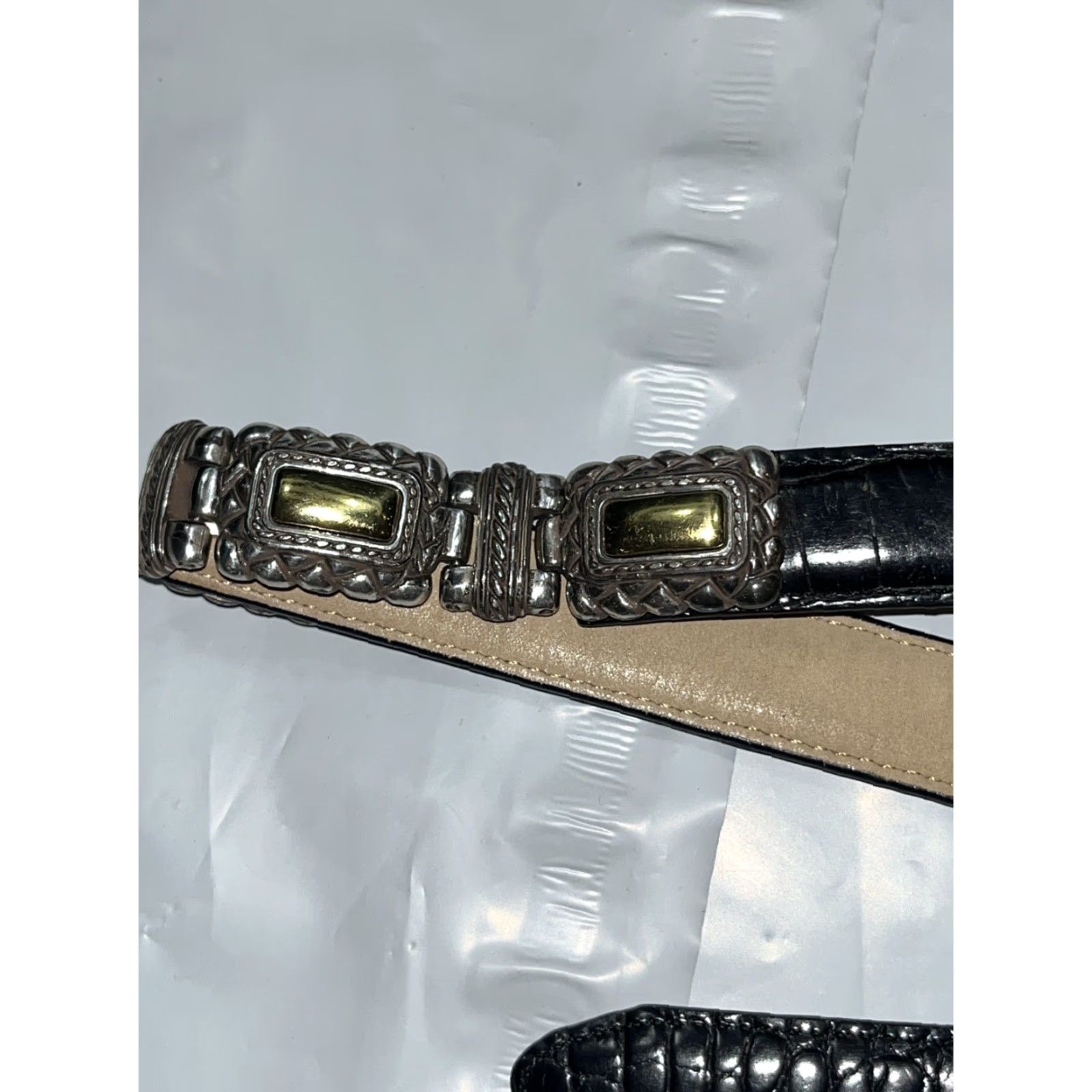 Brighton VINTAGE Brighton BELT Women Large Black Leather Croc Print Gold Silver Chain Links 44203 LRG Size ONE SIZE - 4 Thumbnail