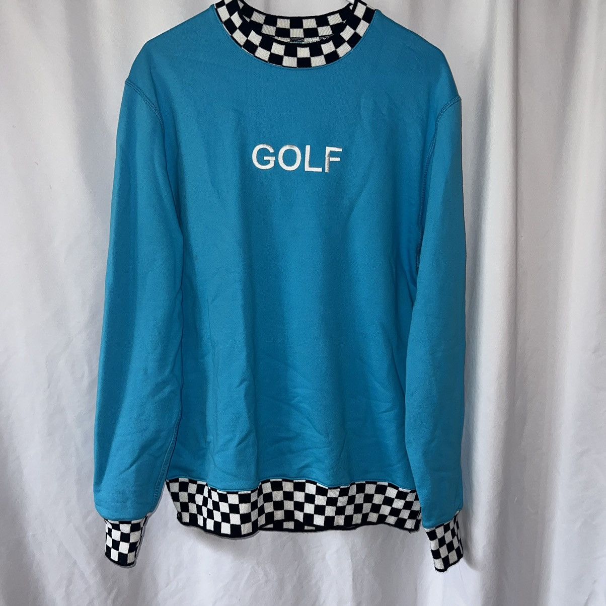 image of Golf Wang Blue Checkered Crewneck, Men's (Size Small)