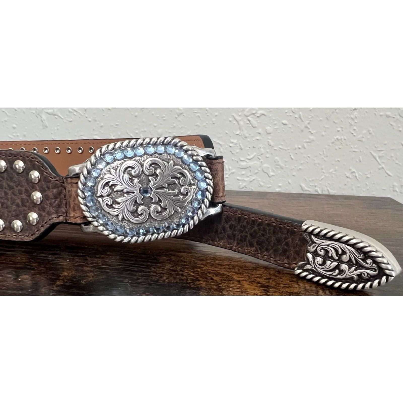 Ariat Ariat Belt Western Leather Blue Rhinestone Studded Buckle Silver 41” Adjustable Mens/Womens M Brown Cowgirl Country of Origin China Size ONE SIZE - 4 Thumbnail