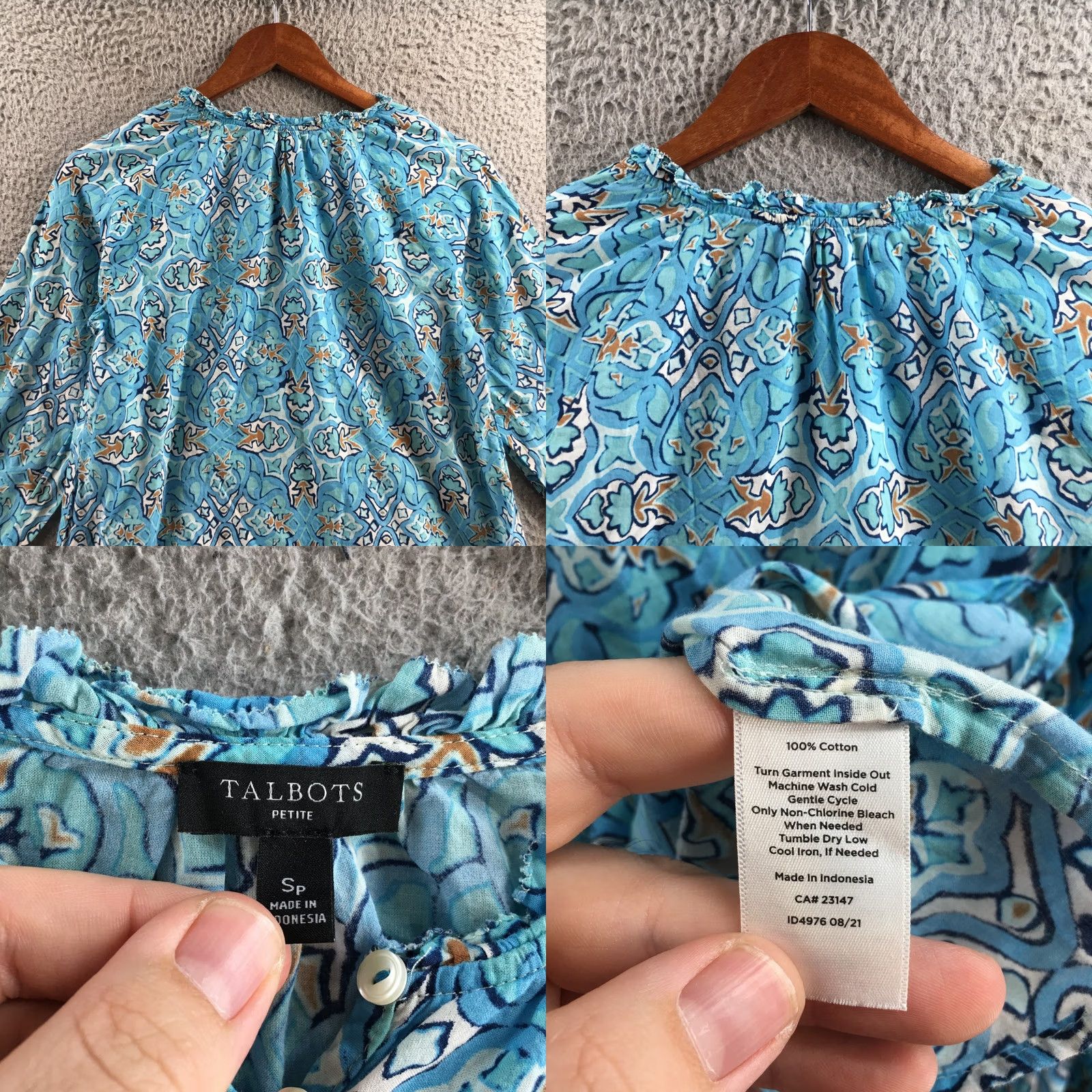 Talbots Talbots Petite Blouse Womens SP Blue Tile Print Long Sleeve Cotton Popover Shirt Beu/Blue Tile Print (Note: "Beu" placeholder not allowed) Size S / US 4 / IT 40 - 8 Thumbnail