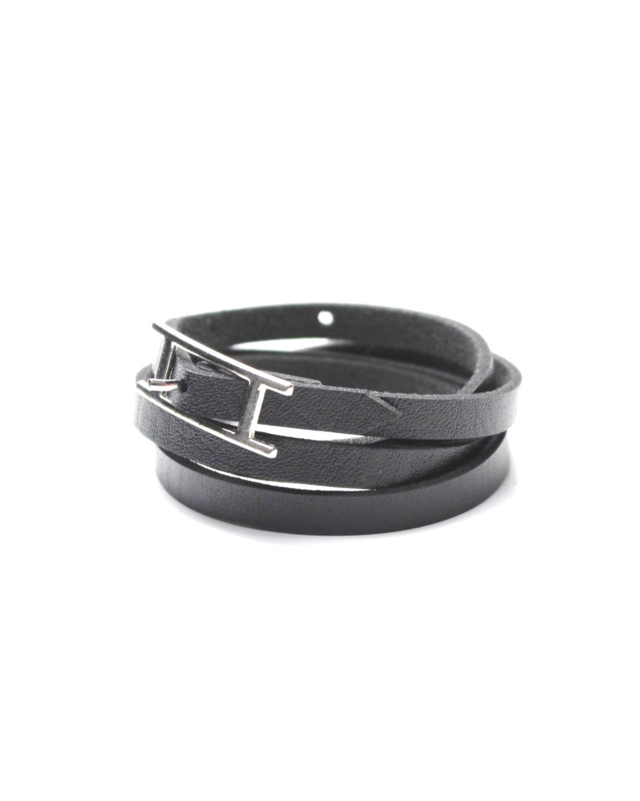 Japanese Brand BLACK DOUBLE-WRAP LEATHER BRACELET WITH METAL “H” BUCKLE Size ONE SIZE - 3 Thumbnail