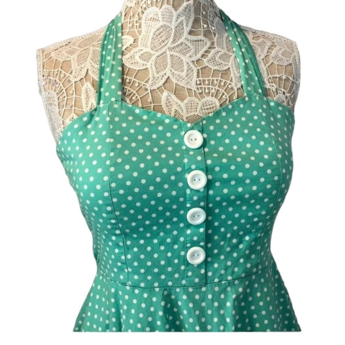 Vintage Sara U.S.A Vtg Retro Pin Up Halter Dress Green polkdot large Size L / US 10 / IT 46 - 2 Thumbnail