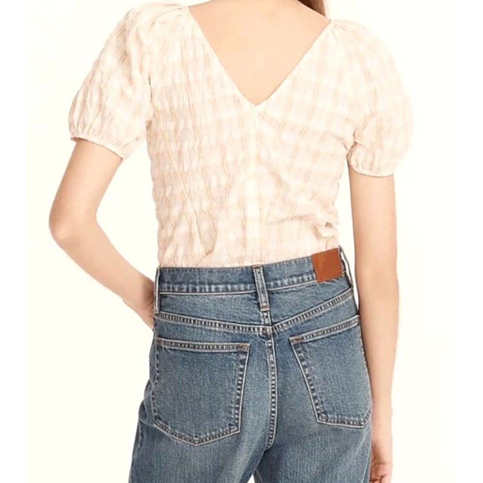 J.Crew J Crew Blouse Women's Size 10 Plaid V Back Puff Sleeve Textured Top Size L / US 10 / IT 46 - 3 Thumbnail