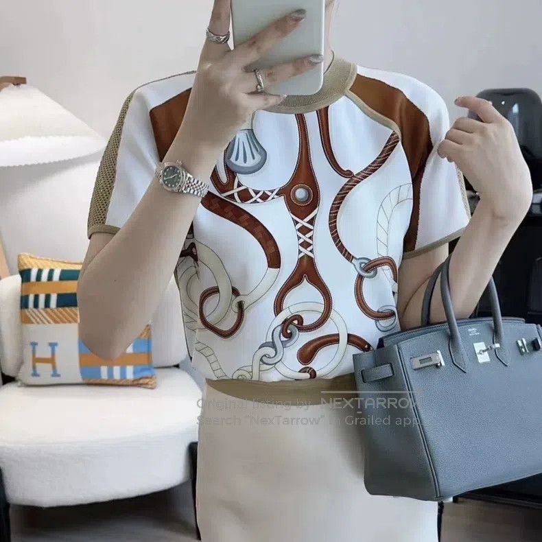 Hermes Hermes Lock Chain Printed Silk Patch Short Sleeve T-Shirts Size XS / US 0-2 / IT 36-38 - 6 Thumbnail