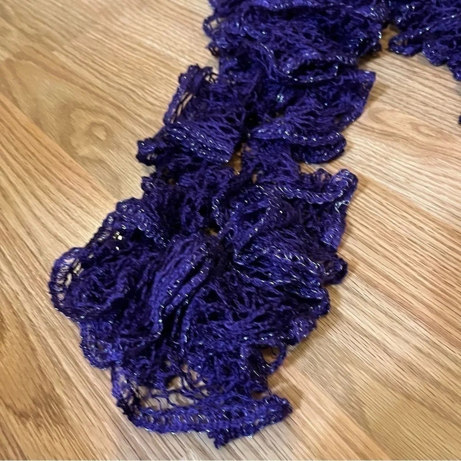 Handmade Fashion Handmade Crochet Ruffle Lace Scarf Purple Extra Long Size ONE SIZE - 2 Thumbnail