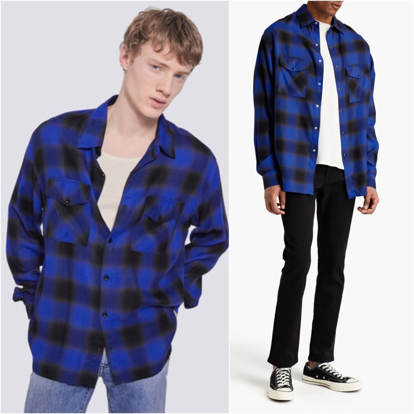 Iro IRO Zephir Plaid Print Pearl Snap Over Shirt Electric Blue Size US M / EU 48-50 / 2 - 1 Thumbnail