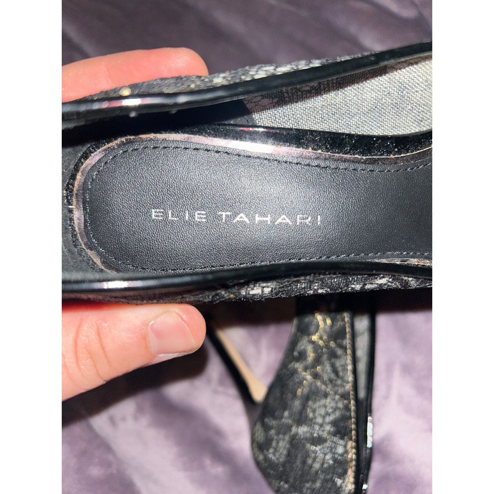 Elie Tahari Pointed Toe Heels Black With Gold Trim Lace Pump