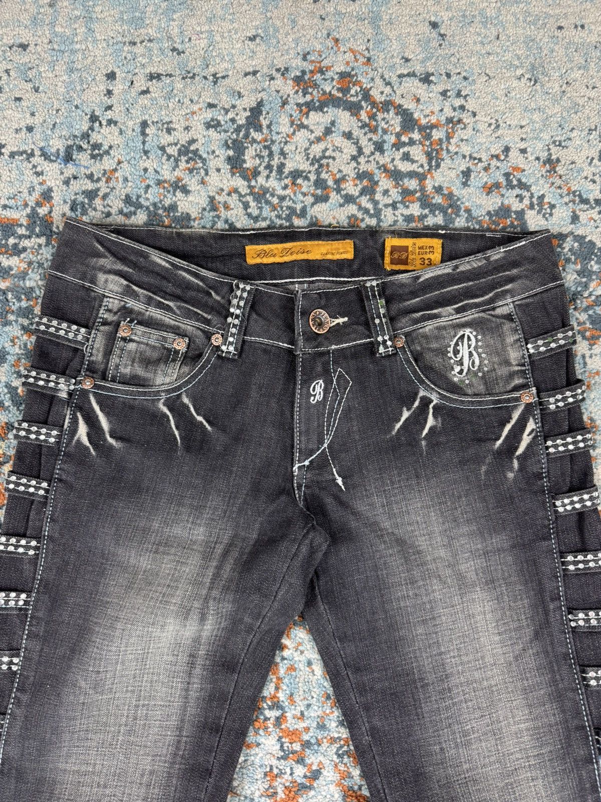 Japanese Brand × Vintage Vintage Y2K Crazy open leg side flared crystal studded denim Size 33" - 8 Thumbnail