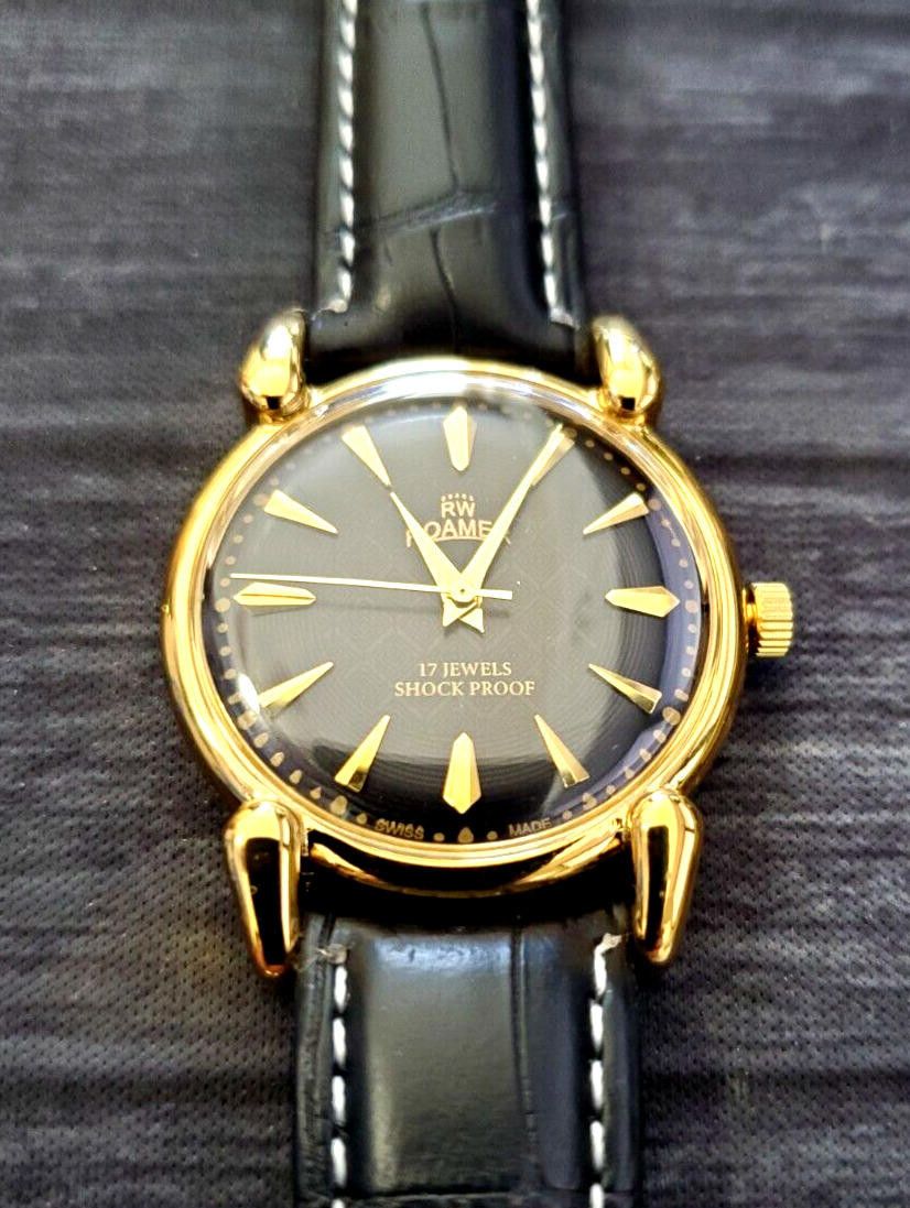 Vintage Roamer Brevete Swiss Mens Manual Watch Gld Blk Blk