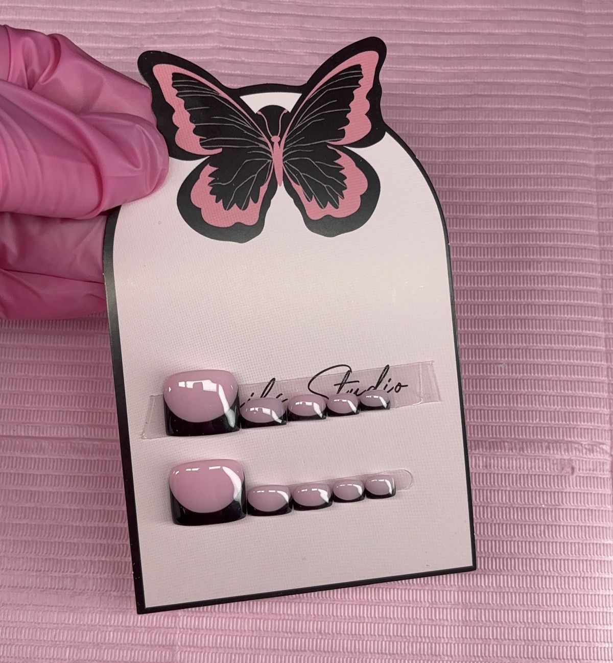 Handmade press on toenails pink nude black French tips handmade gel Size ONE SIZE - 21 Thumbnail