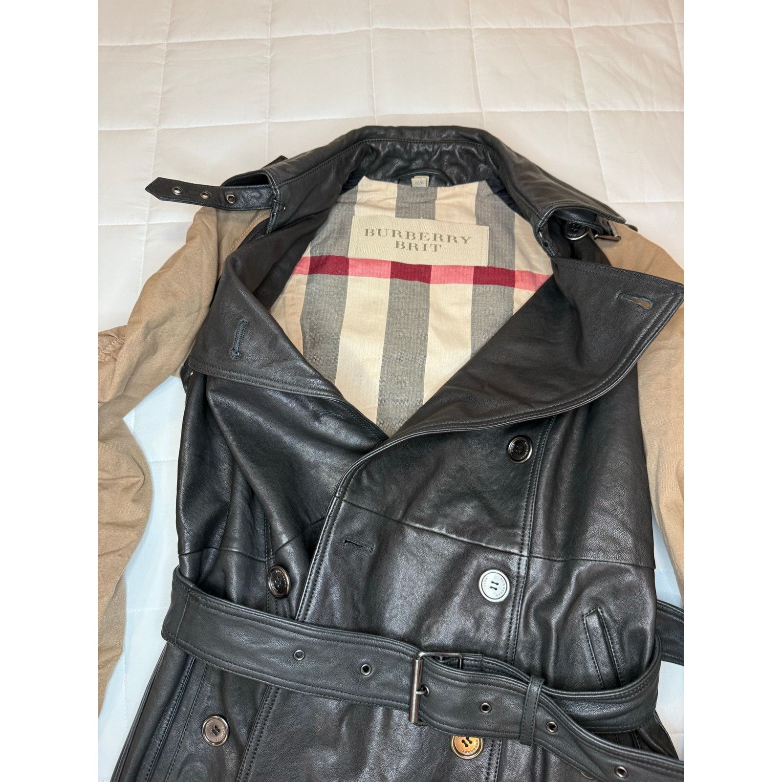 Burberry Burberry Brit Black Brown Leather Cotton Belted Jacket US 4 Size S / US 4 / IT 40 - 3 Thumbnail
