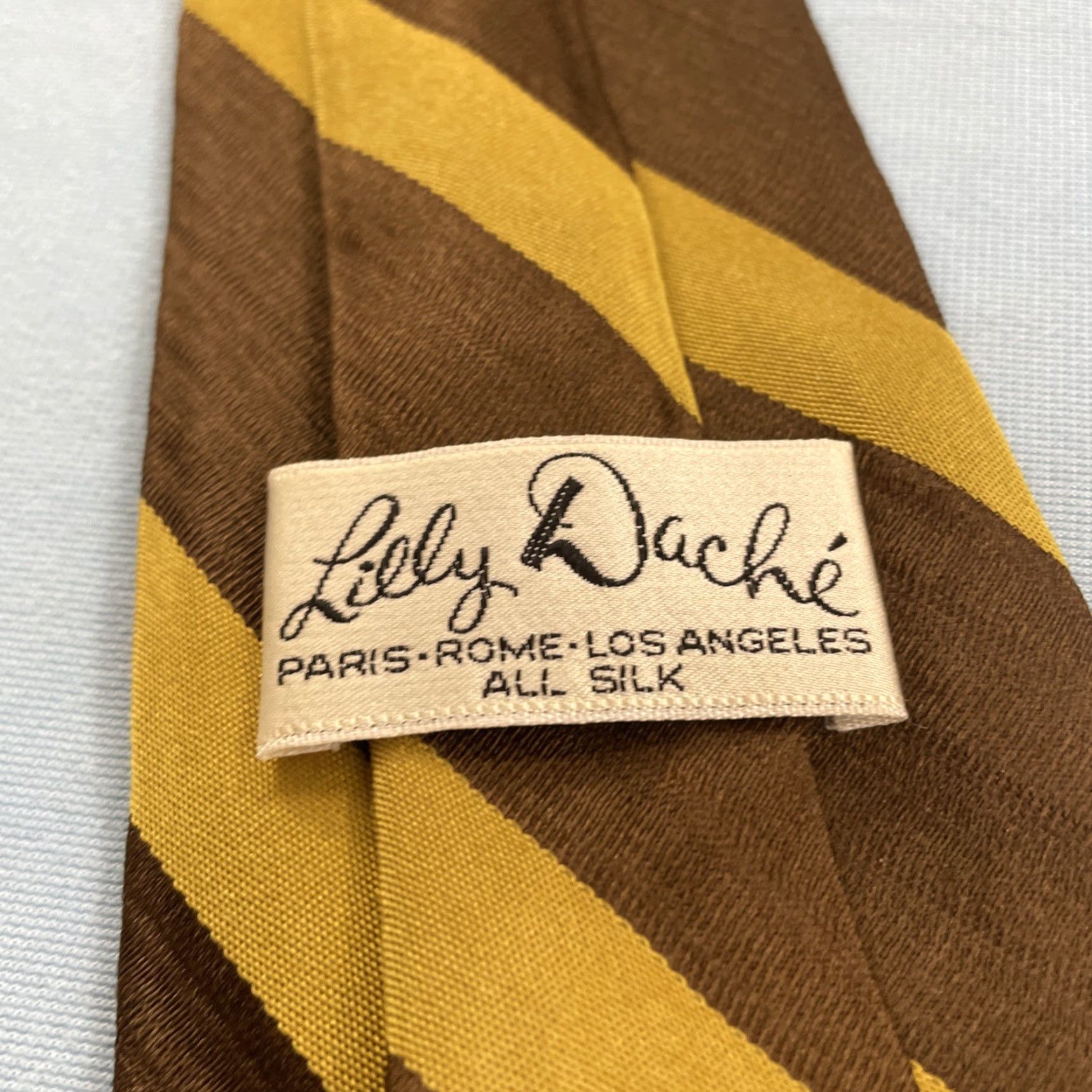 Vintage VINTAGE Lilly Dache All Silk Repp Tie Striped Brown Yellow Retro Mod Ratpack vtg 4x56 Capsule Necktie Mens Tie 57"-60" Brown Yellow Silk Neckwear Size ONE SIZE - 5 Thumbnail