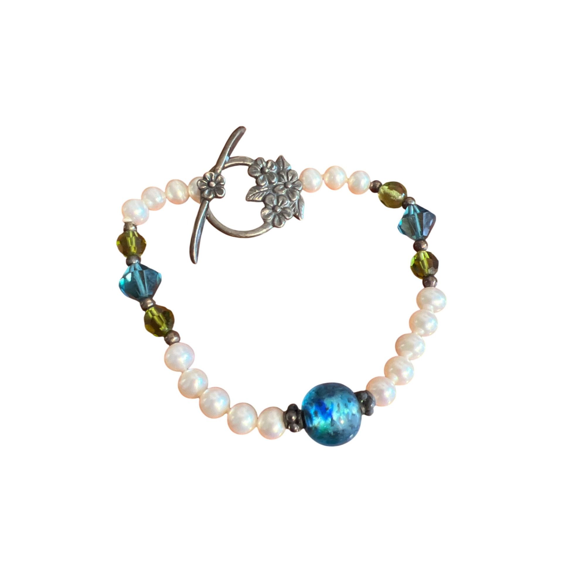 Other Vintage Sterling Silver Pearl Glass Crystal Bracelet Toggle Size ONE SIZE - 1 Thumbnail