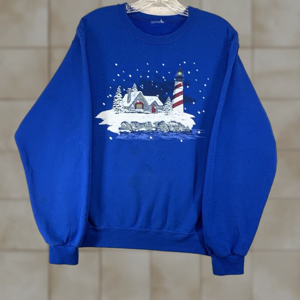 Vintage VINTAGE 90s Nautical Nature Lighthouse Winter Snow Fleece Sweatshirt Adult Small Unisex Blue Graphic Pullover Size US S / EU 44-46 / 1 - 1 Thumbnail