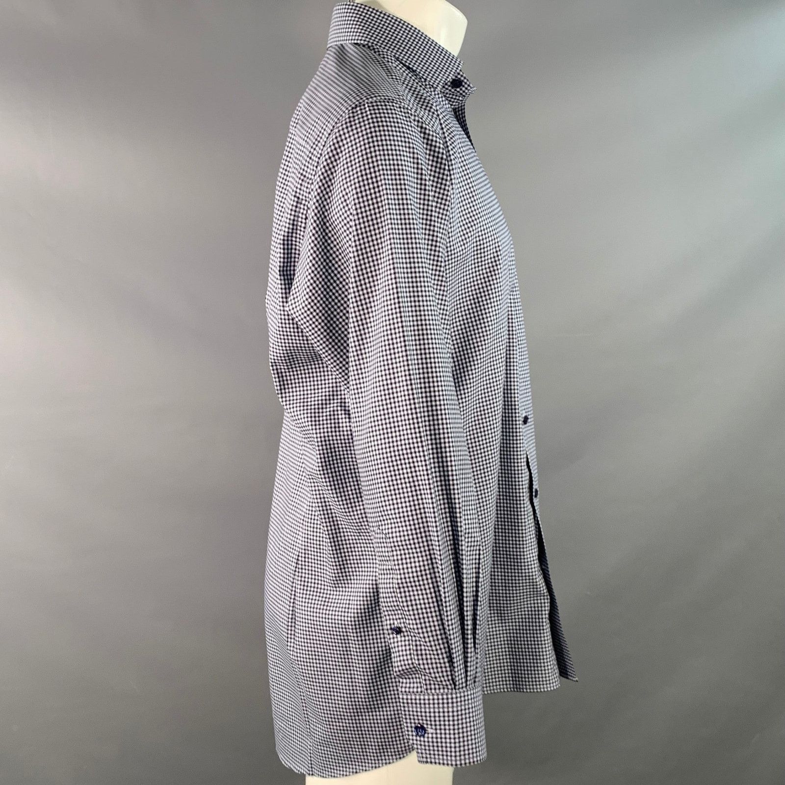 Eton Navy White Gingham Cotton Curved Cutaway Long Sleeve Shirt Size US M / EU 48-50 / 2 - 3 Thumbnail