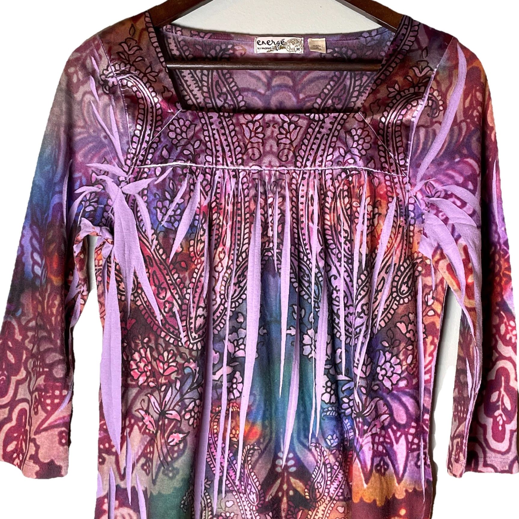 Vintage ENERGE by ONEWORLD Top Purple Boho 3/4 Sleeve V-Neck Knit Floral Embroidered Fairy Hippie Stretch M Womens Regular Size M / US 6-8 / IT 42-44 - 3 Thumbnail