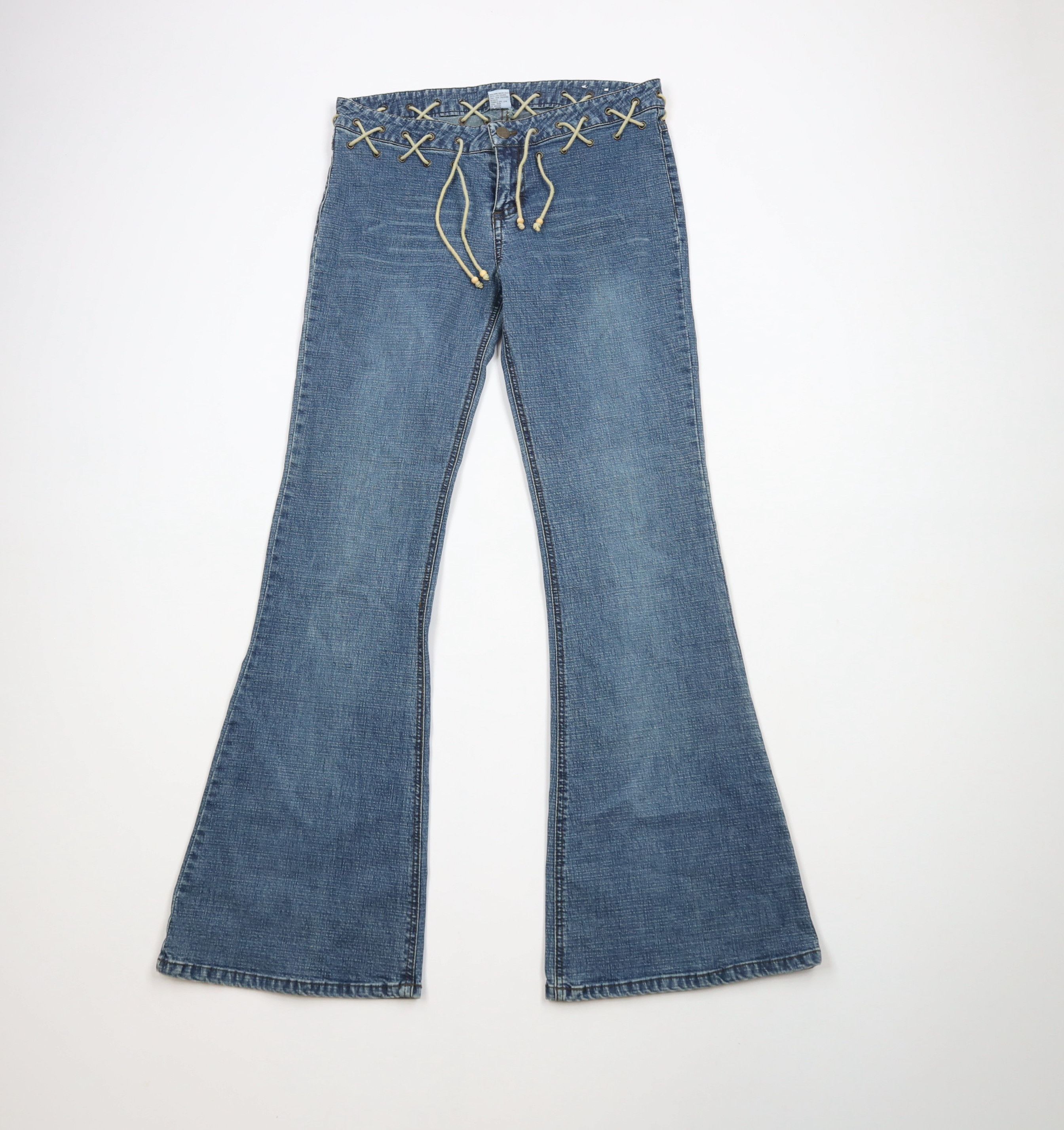 Vintage Vintage 90s Y2K Streetwear Tie Waist Flared Wide Leg Jeans Size 30" / US 8 / IT 44 - 1 Thumbnail