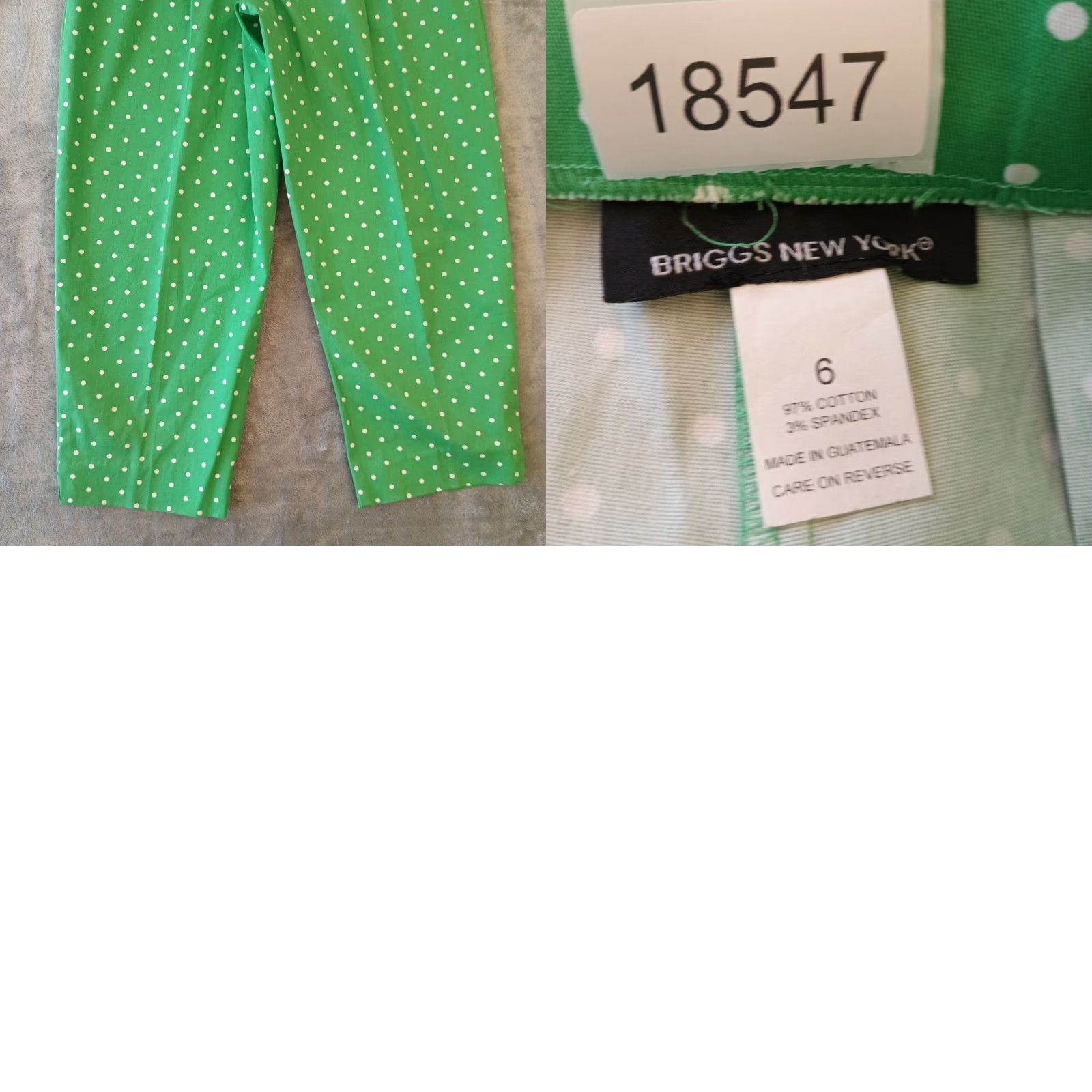 Vintage Briggs New York Capri Pants Womens 6 Green Polka Dot High Rise 28x22.5 Cotton Spandex Straight Pleated Inseam 22.5 Zip Pants Mens Womens? Size 28" / US 6 / IT 42 - 8 Thumbnail