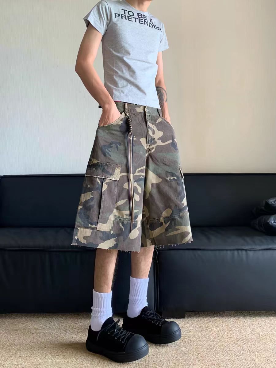 Vintage Washed Camo Multi-Pocket Workwear Casual Shorts