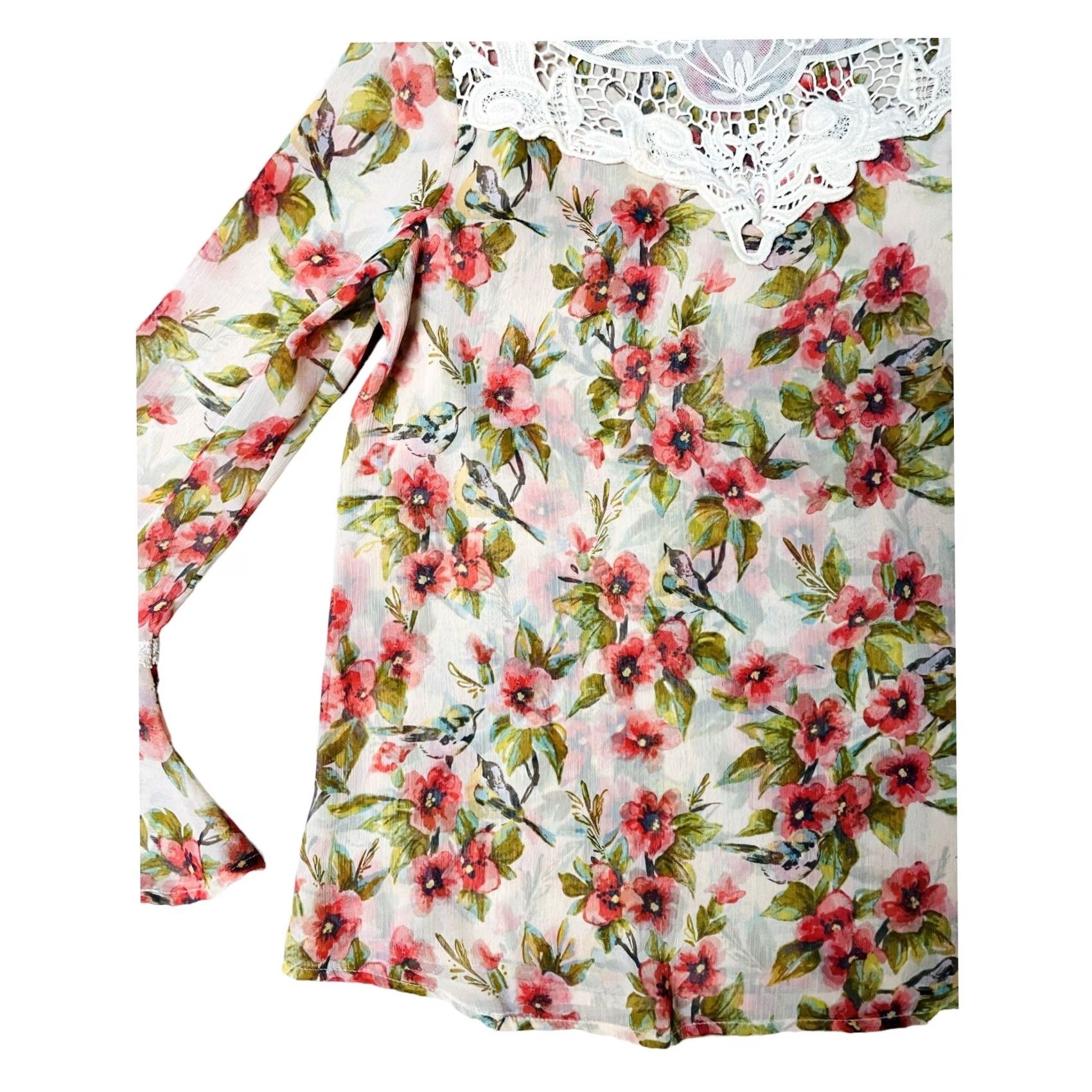 Disney Disney LC Collection Snow White Blouse Womens Small Floral Pink Long Sleeve Balloon Fringe Multicolor Polyester Blend Round Neck Regular Shirt Size S / US 4 / IT 40 - 4 Thumbnail