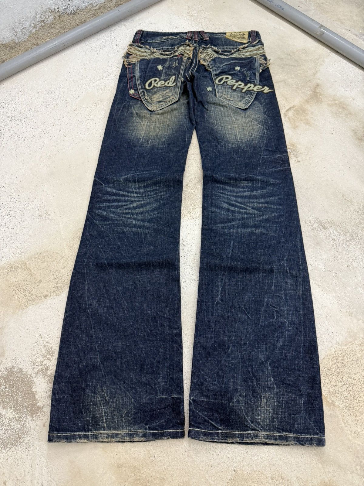 5351 POUR LES HOMMES × Japanese Brand × Tornado Mart DS Red Pepper Feather Wings Embroidered Muddy Flare Jeans Size US 27 - 1 Thumbnail